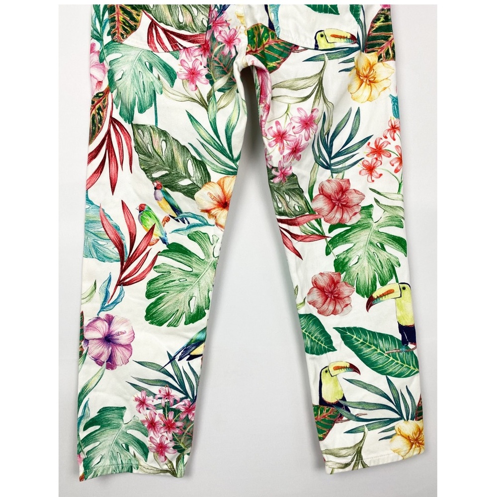 Zara Womens Pants 4 White Tropical Coastal Print Denim Straight Leg Crop Jeans - Picture 9 of 11